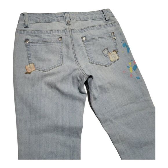 l.e.i Ashley Trouble Blue Light Wash Flare Leg Paint Splatter Jeans Y2K - Picture 5 of 9